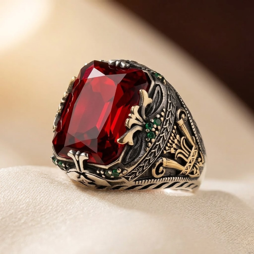 Silver ruby ornate signet ring
