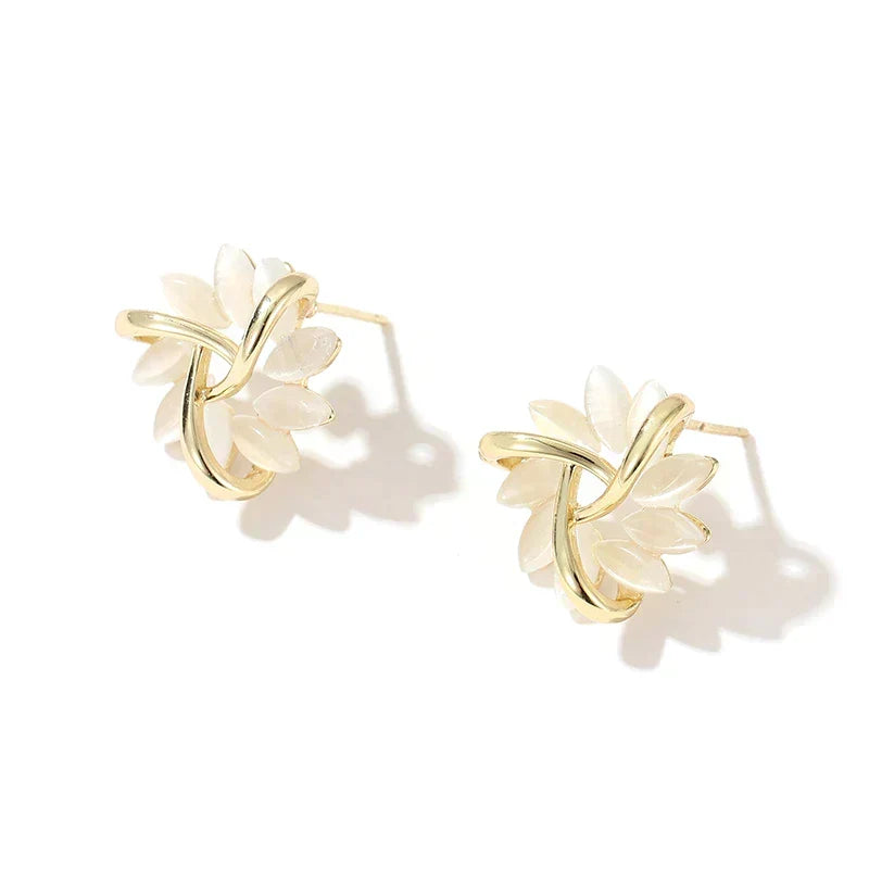 Gold circular earrings with opal leaves