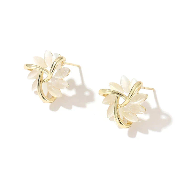 Gold circular earrings with opal leaves