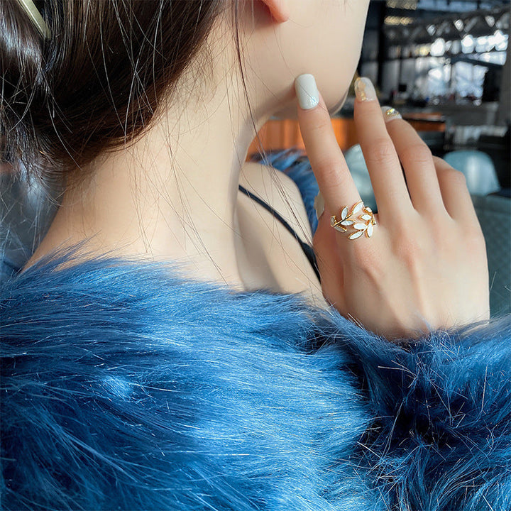 Leaves & White Opal Gold Adjustable Ring
