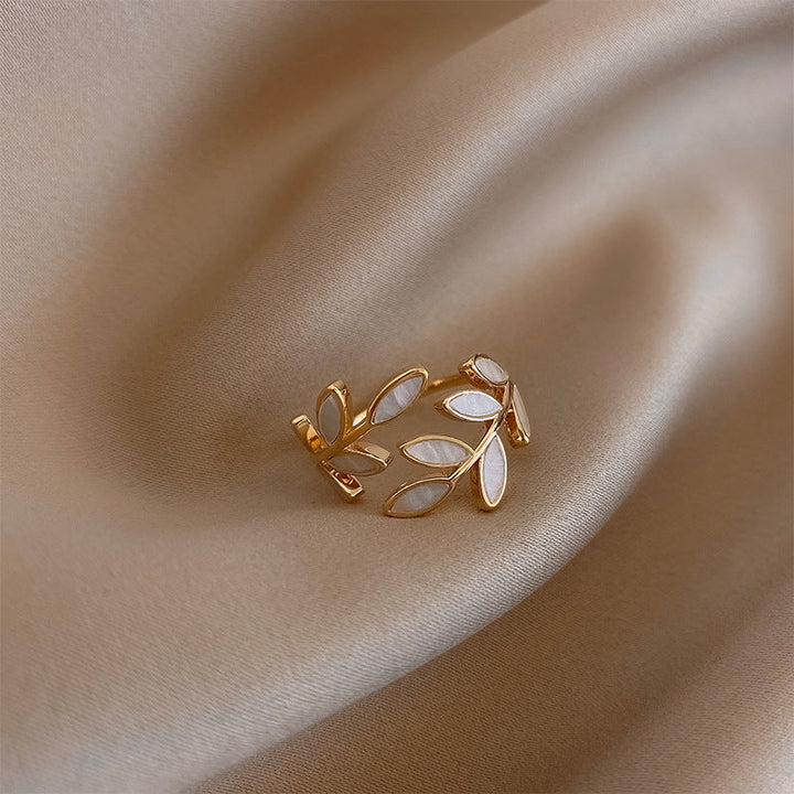 Leaves & White Opal Gold Adjustable Ring