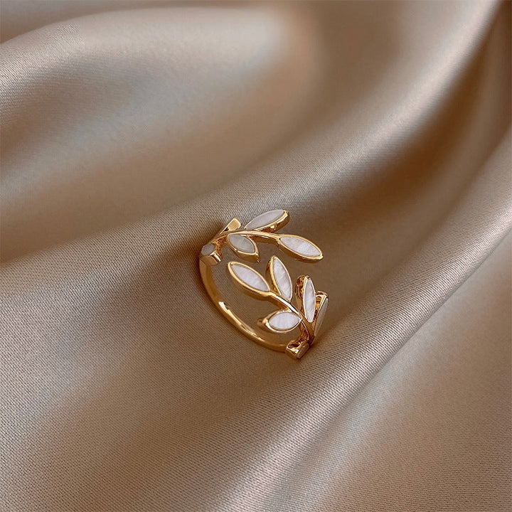 Leaves & White Opal Gold Adjustable Ring