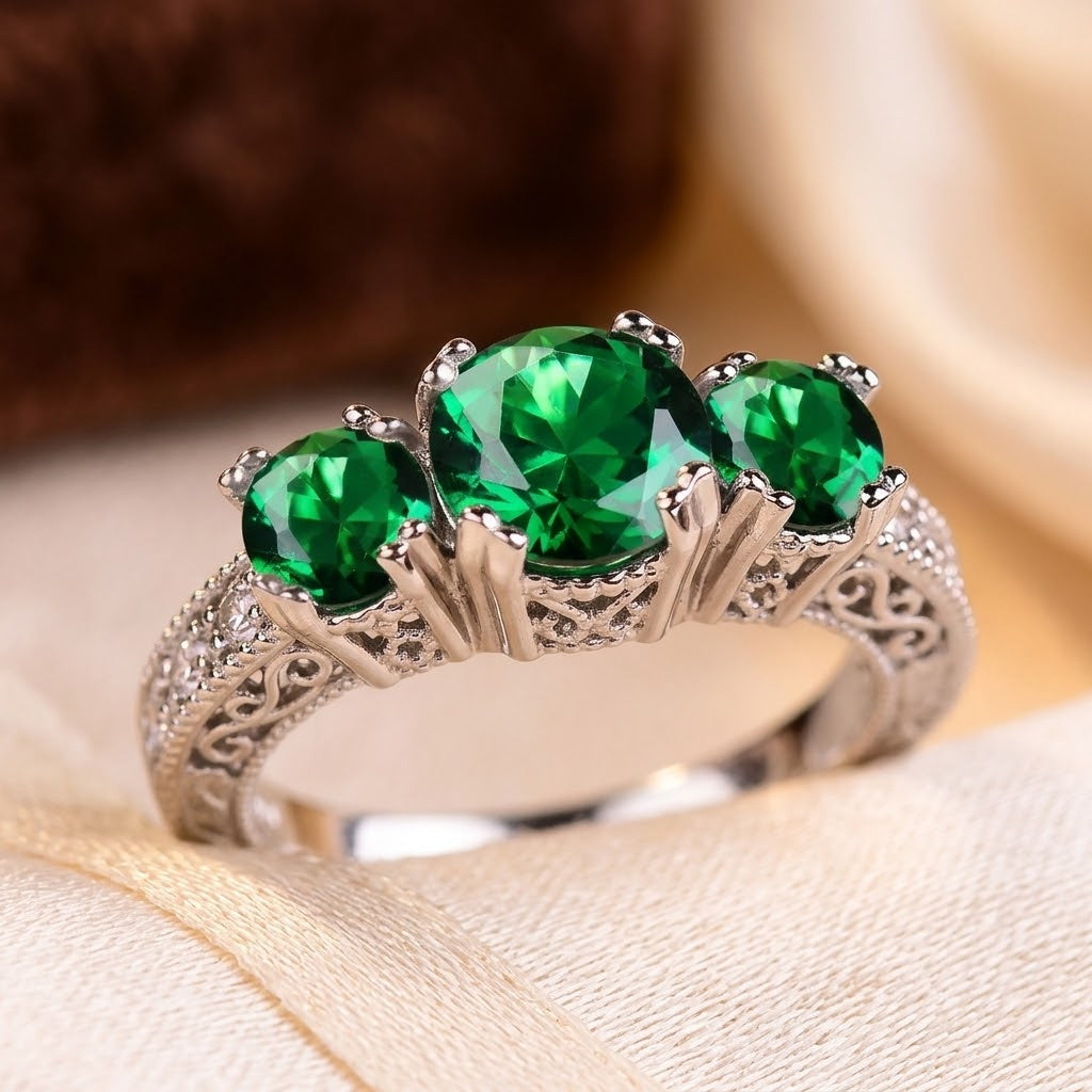 Silver Emerald Three Stone Ring