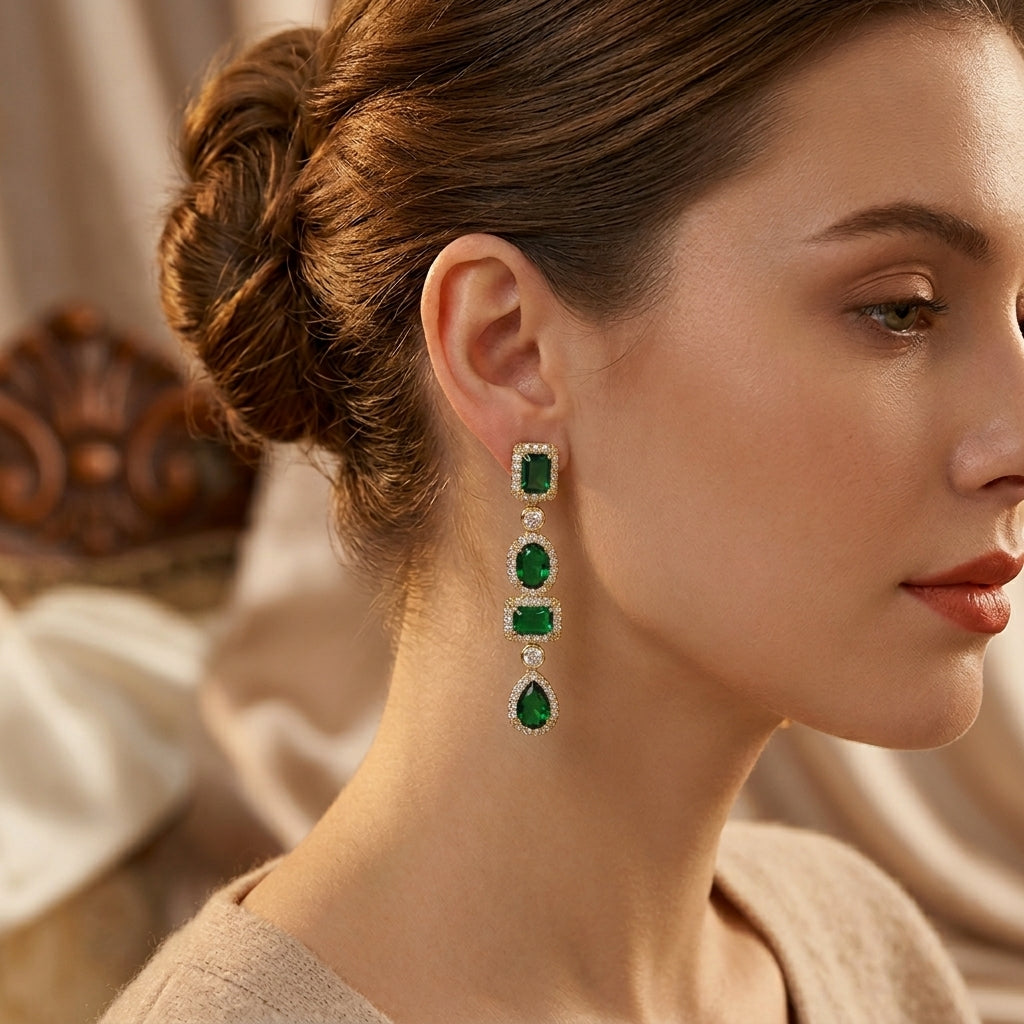 Gold Emerald Multi-Shaped Drop Earrings