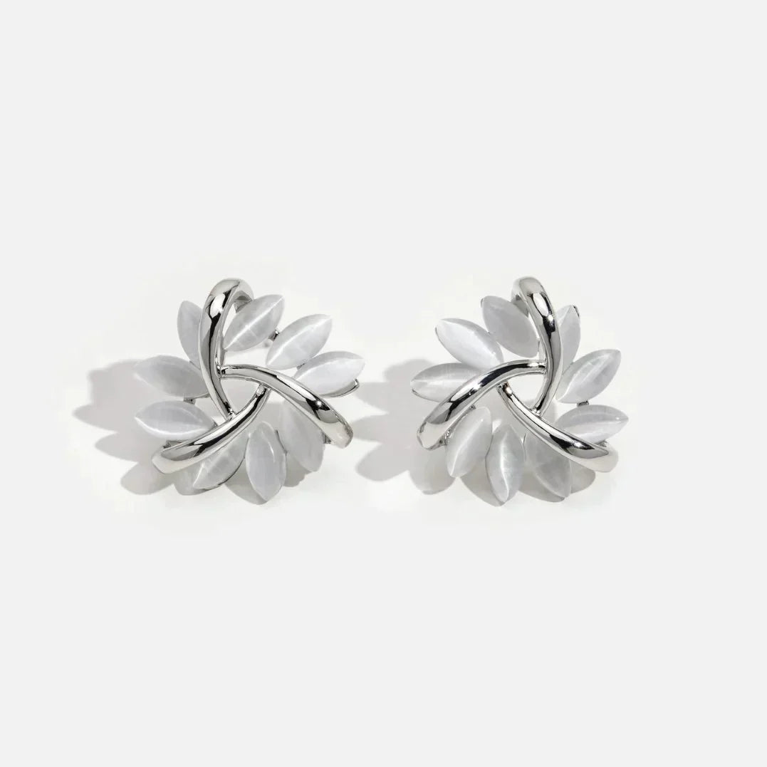 Gold circular earrings with opal leaves